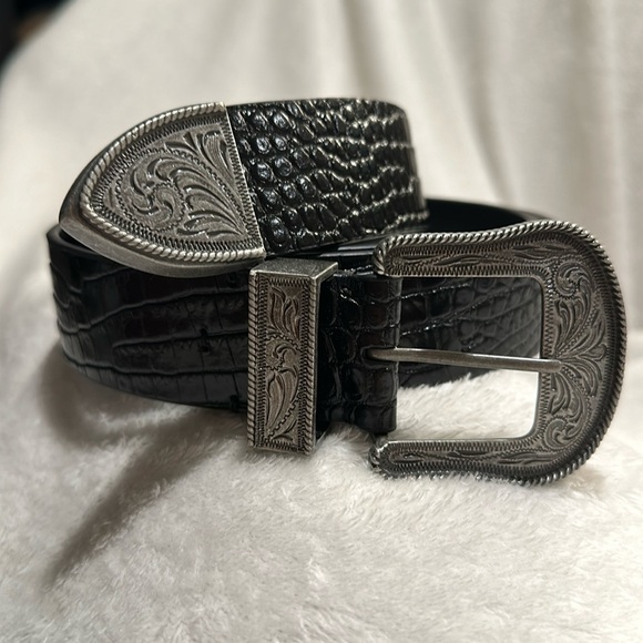 Beautiful Lauren Ralph Lauren Black Leather Belt Western Motif Silver Buckle 1X